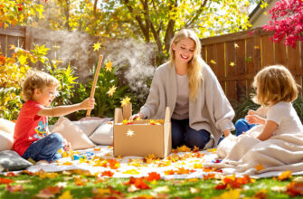 группа детей играет в игры из подручных материалов на солнечном заднем дворе