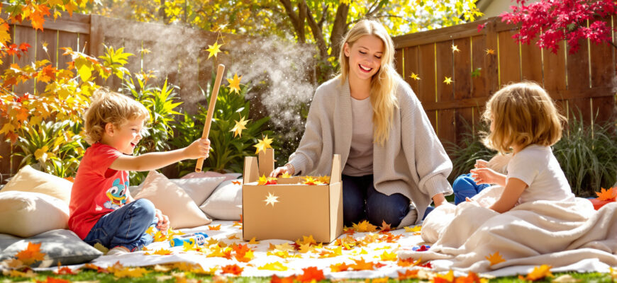 группа детей играет в игры из подручных материалов на солнечном заднем дворе