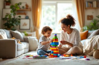 уютная гостиная, где родитель и ребенок занимаются развивающими играми без экранов