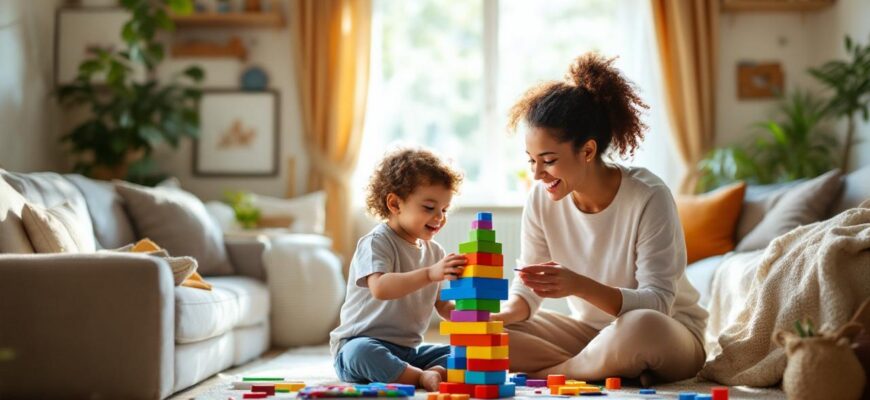 уютная гостиная, где родитель и ребенок занимаются развивающими играми без экранов