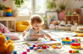 разыграная детская комната с двухлетним ребенком, занимающимся творчеством