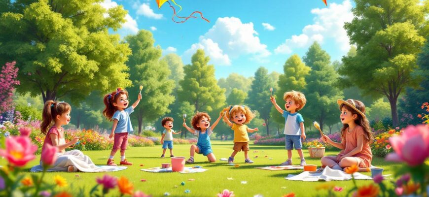 идиллическая сцена с детьми, играющими в игры на свежем воздухе