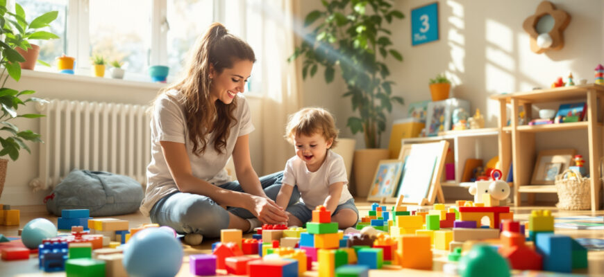 веселая комната, где родитель играет с ребенком 2-3 лет