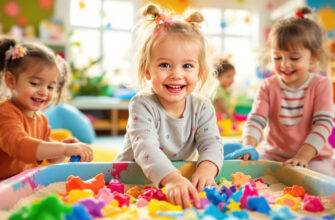 разноцветная сцена с играющими детьми 2-3 лет в сенсорные игры