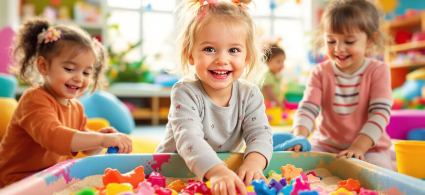 разноцветная сцена с играющими детьми 2-3 лет в сенсорные игры