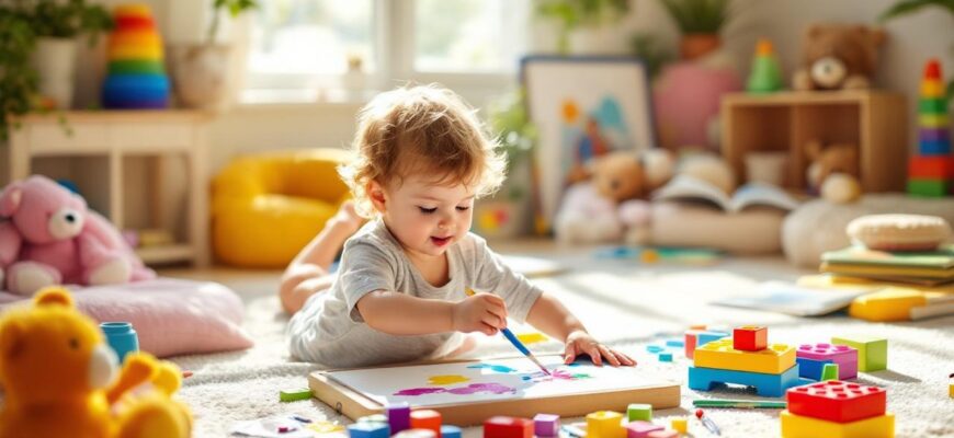 разыграная детская комната с двухлетним ребенком, занимающимся творчеством