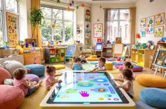 яркая и цветная игровая комната с развивающими занятиями для малышей