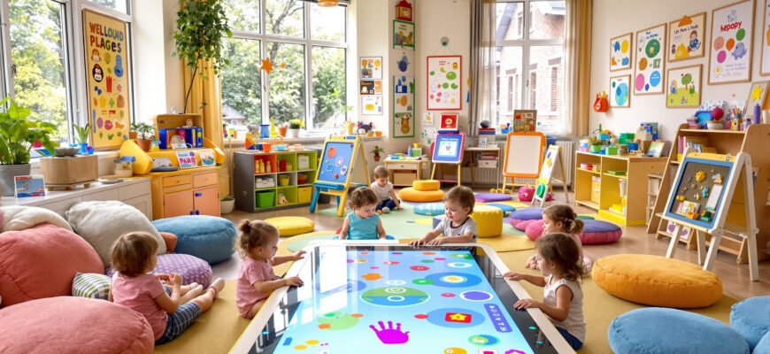 яркая и цветная игровая комната с развивающими занятиями для малышей