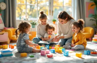 малыши играют в игры для развития речи, яркий и веселый интерьер