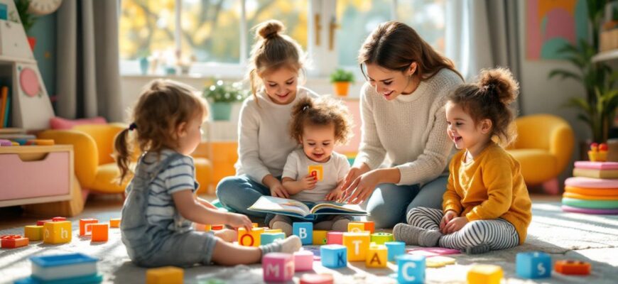 малыши играют в игры для развития речи, яркий и веселый интерьер
